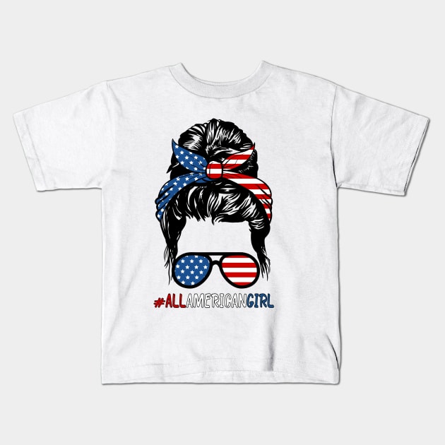 All American Girl 4th Of July Shirt Women Messy Bun USA Flag Kids T-Shirt by Medaze